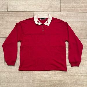 Vintage Blast Red Embroidered Collar Long Sleeve Sweater Top Women’s M L Retro